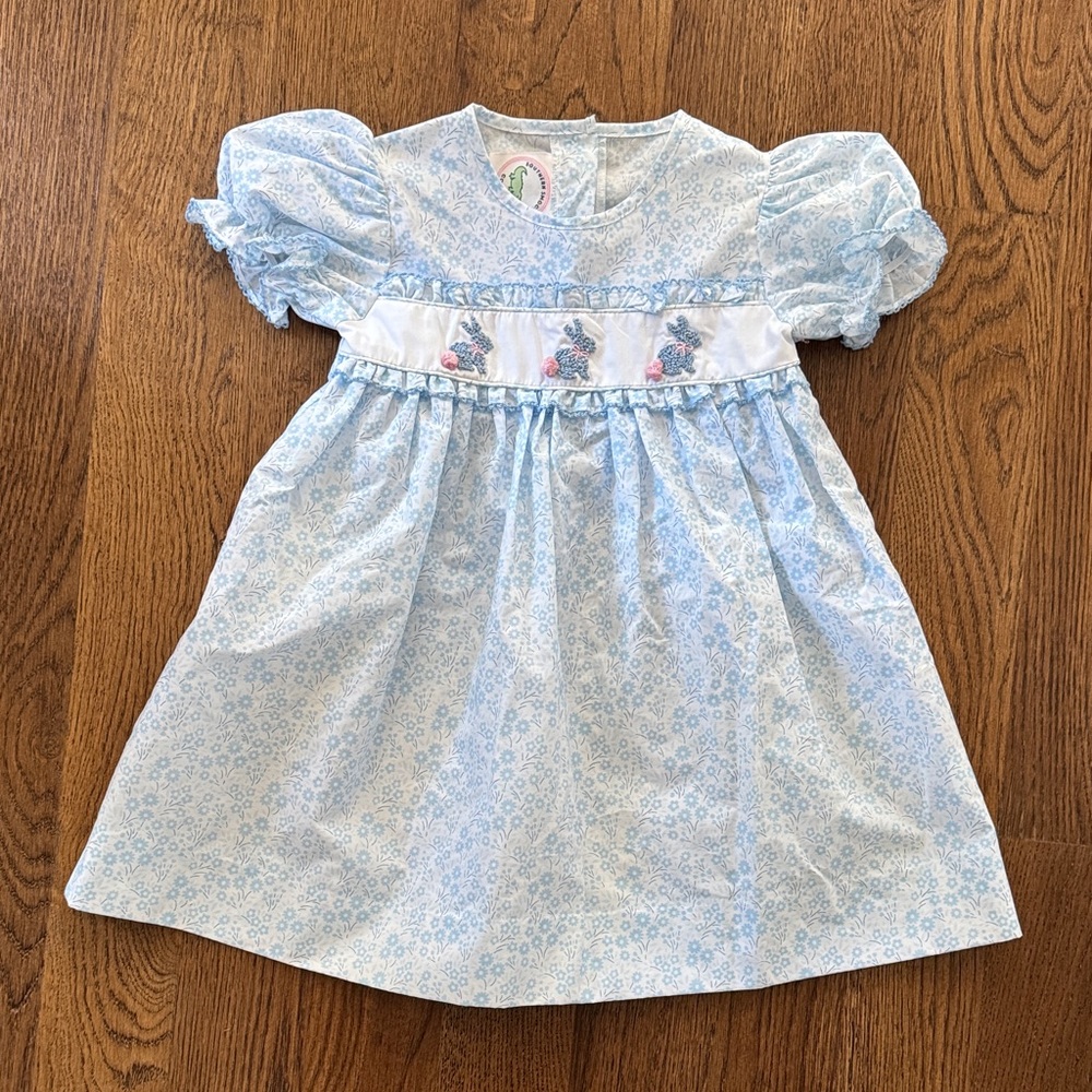 Light Blue Smocked Floral Bunny Embroidered Dress with Puff Sleeves